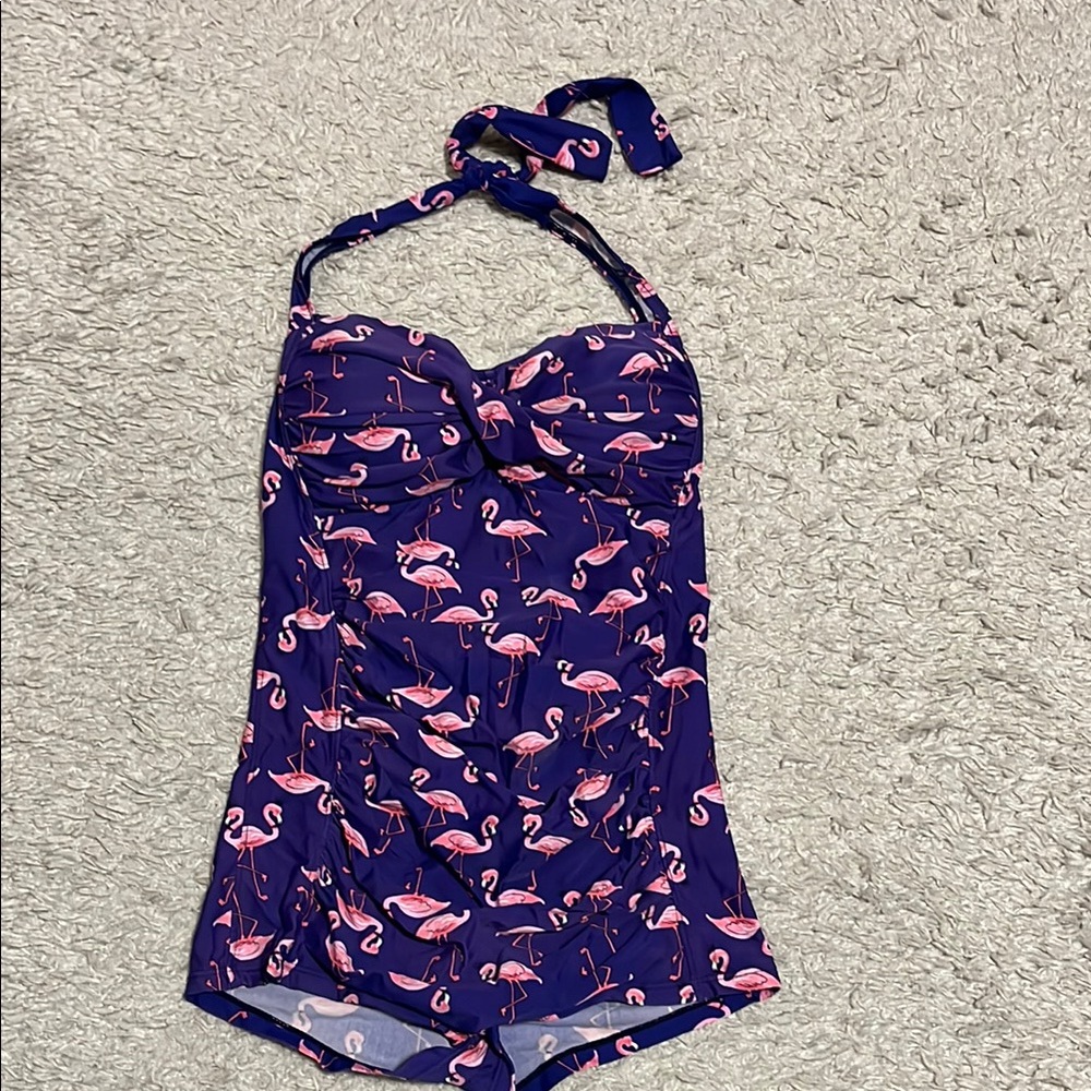 Purple and Pink retro monokini Swimsuit with Flamingo Print